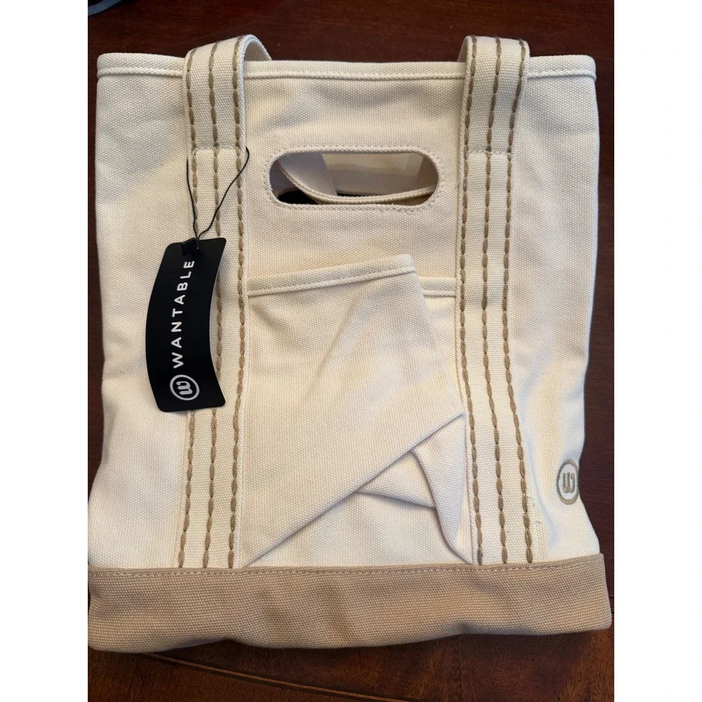 NWT Wantable Canvas Tote Bag Cream Tan Cotton Crossbody Strap